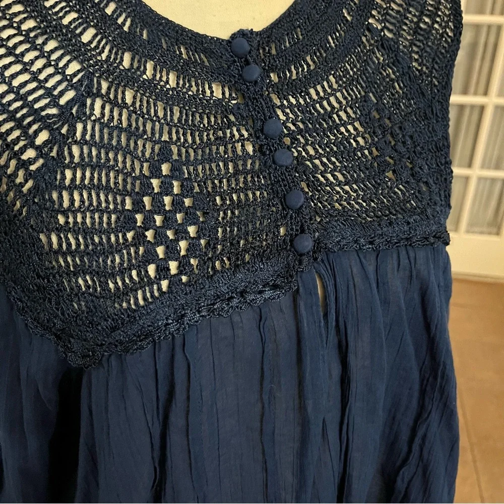 Free People Early Frost navy blue crocheted long sleeve blouse top Size S